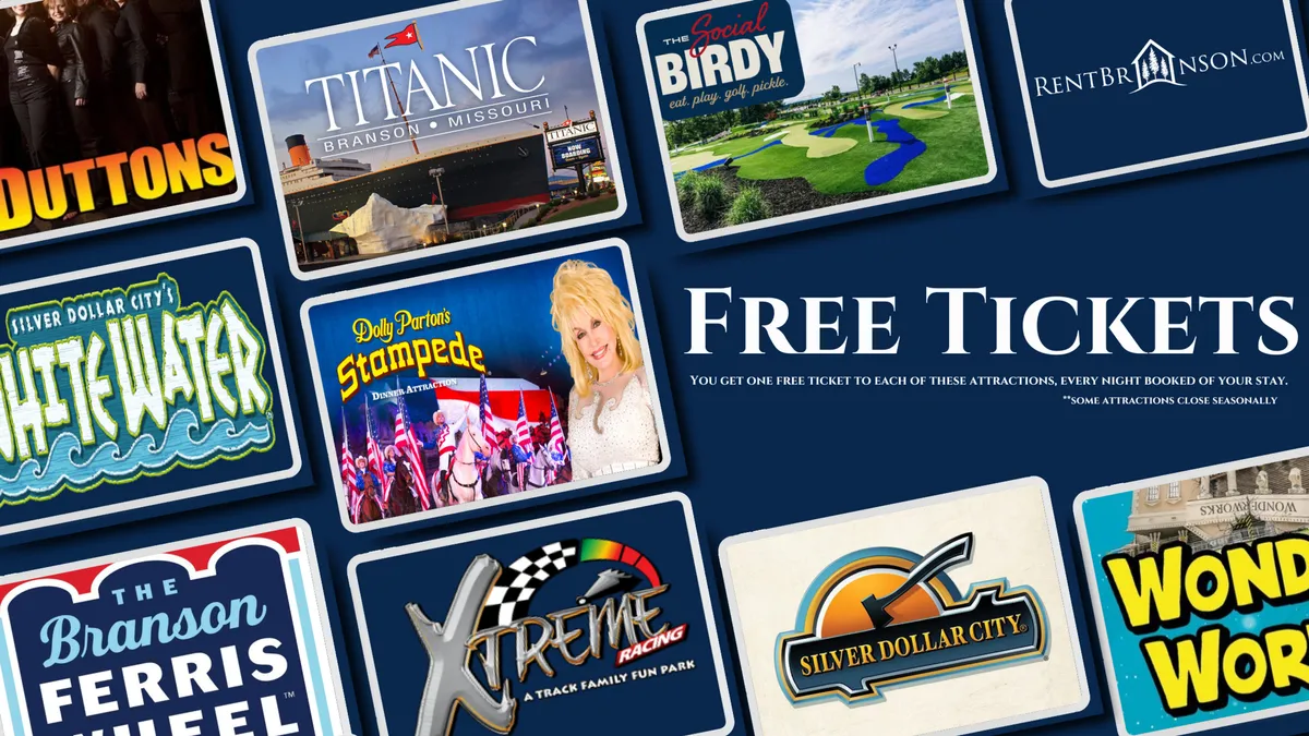 A vibrant interior scene featuring logos of local attractions like Silver Dollar City and Dolly Parton's Stampede, paired with the text 'FREE TICKETS' and imagery suggesting family outings and leisure activities.